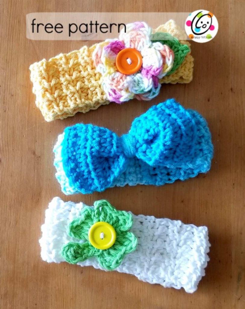 image of three crochet headbands with bows and flowers