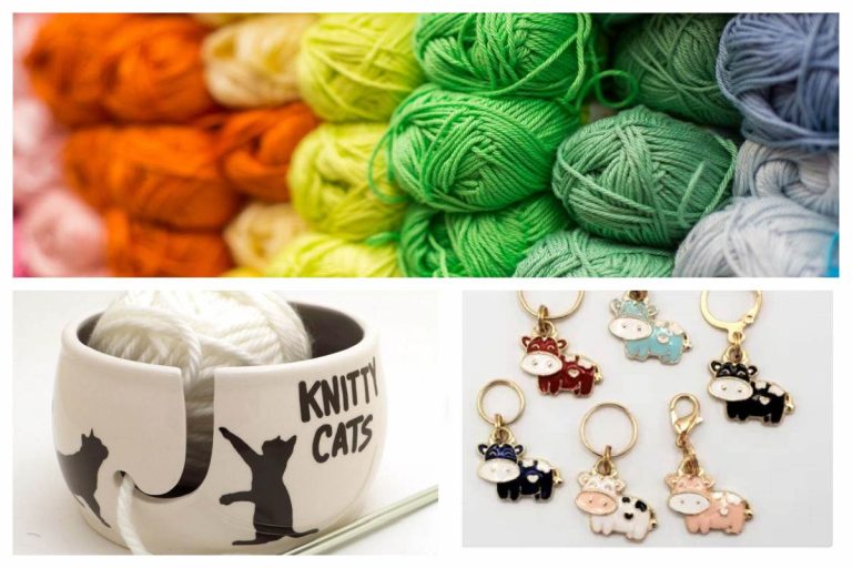 a collage of three images showing colorful balls of yarn, a yarn bowl with a cat and cow shaped stitch markers