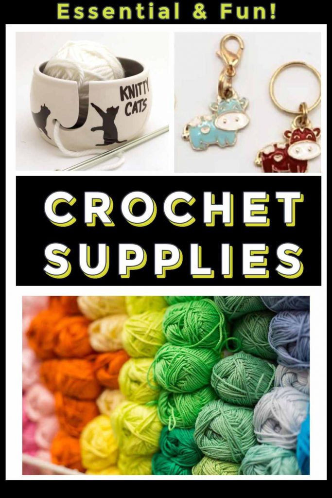 Marketing images showing a yarn bowl, stitch markers and balls of colorful yarn with the title: Essential and fun crochet supplies