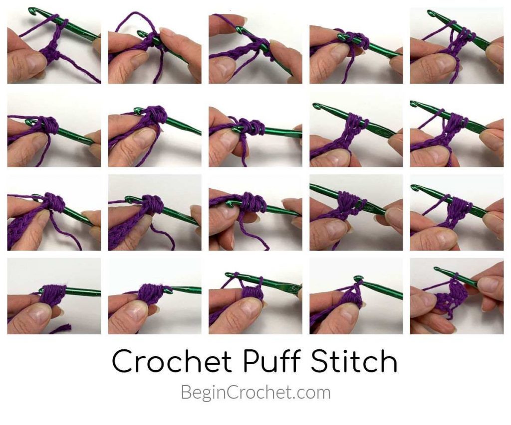 photos showing the steps of the crochet puff stitch