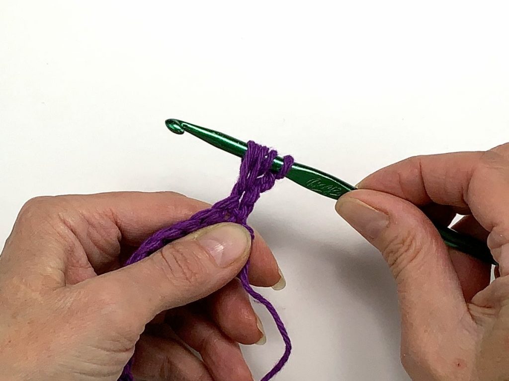 Five yarn loops on a crochet hook