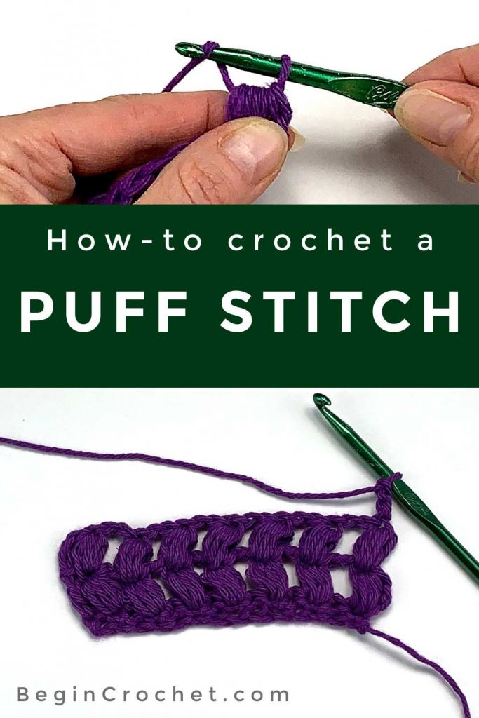 two images showing crochet puff stitch work and text