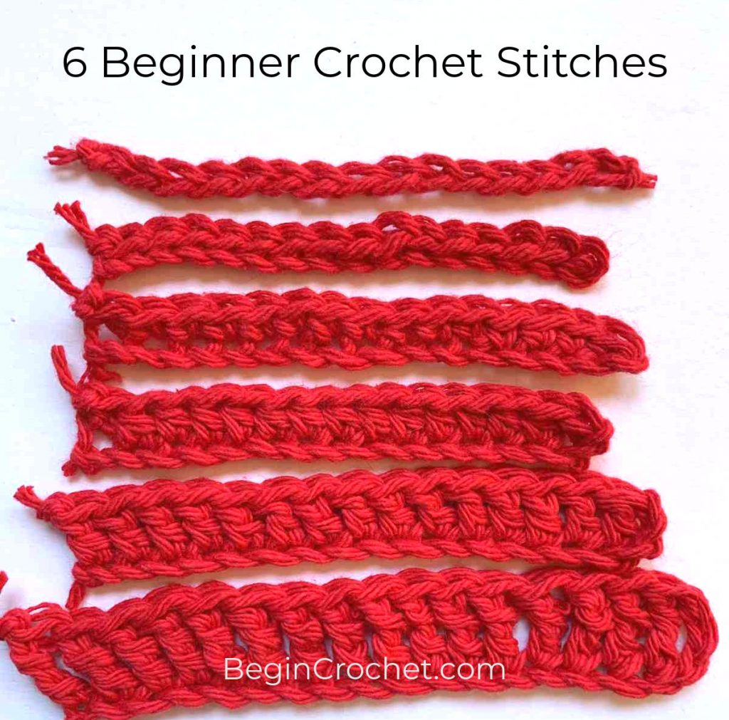 six rows of different crochet stitches with title