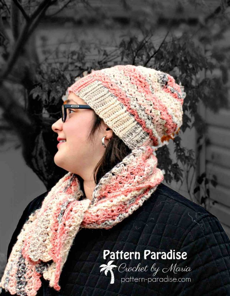 image of a woman wearing a crochet hat and scarf