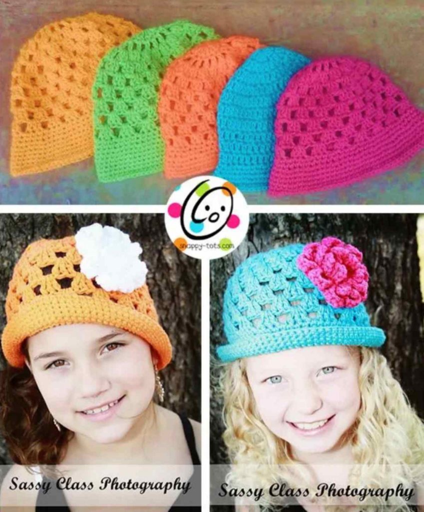 three images of various crochet hats