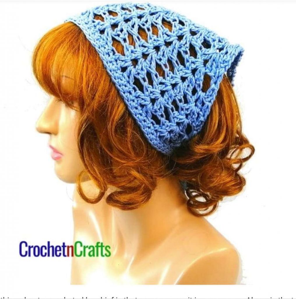image of a woman wearing a blue crochet hair kerchief