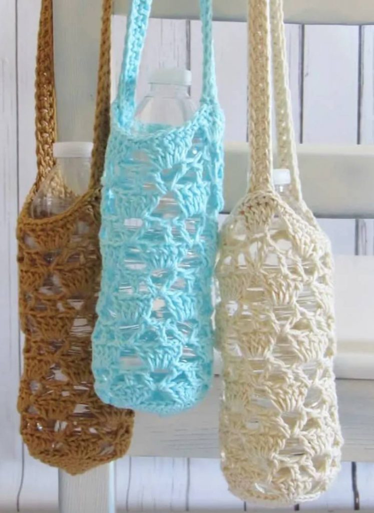 image of three crochet bottle holders