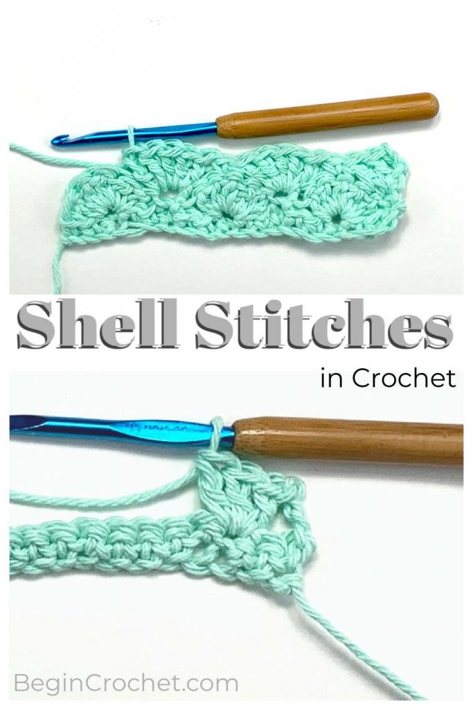 two marketing images of crochet shell stitches
