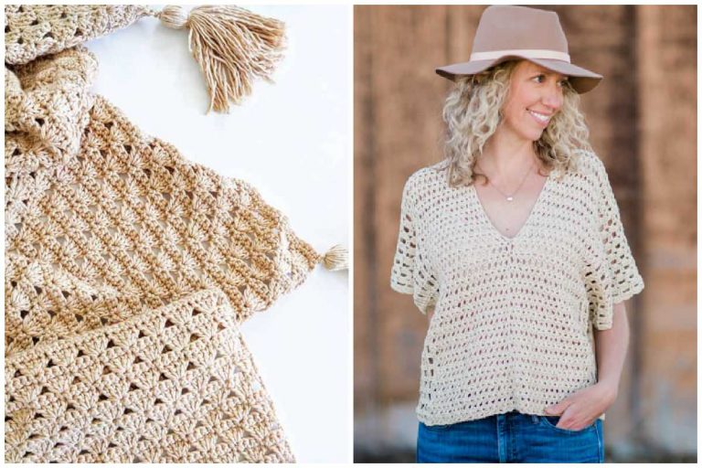 image of a tan crochet blanket and women's top