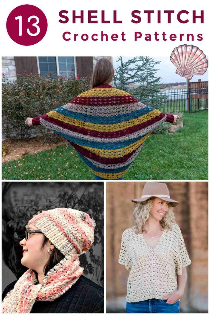 3 image collage of crocheted shawl, hat and shirt