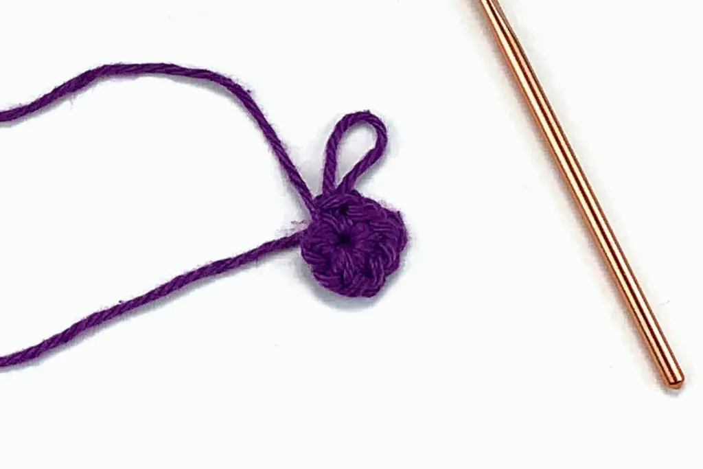 image of a finished crocheted magic circle and hook