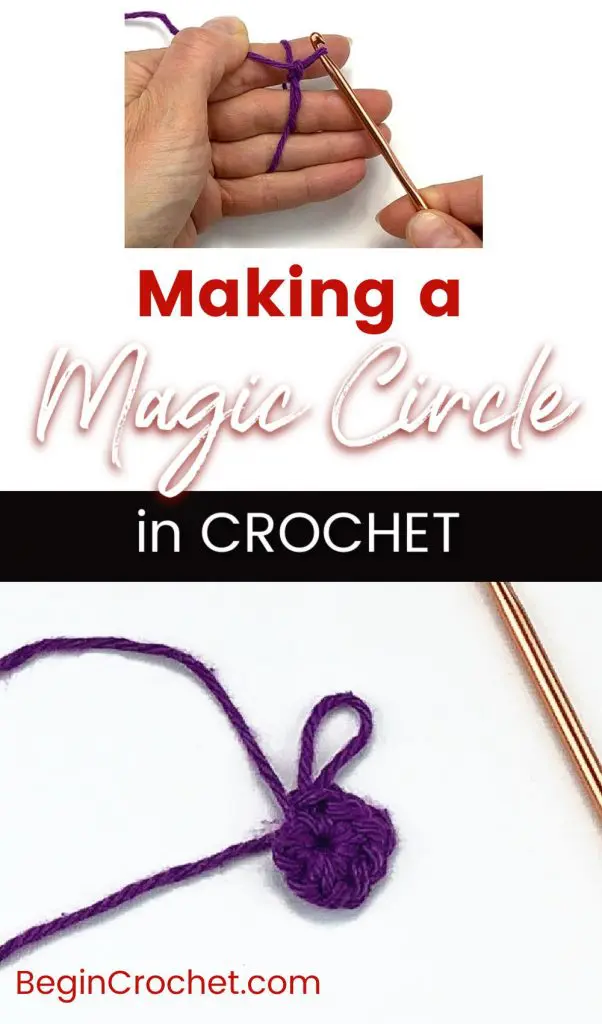 two images of a crochet magic ring and text labels