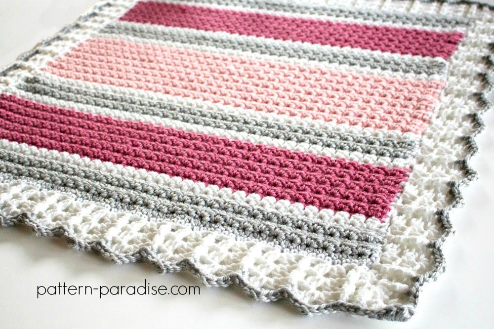 image of white, pink and gray stripe crochet blanket