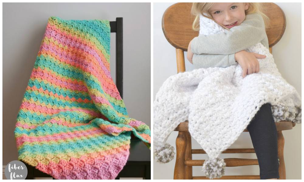 two images crochet blankets and a little girl