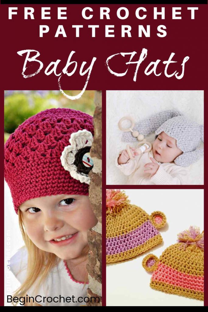 collage of 3 images with babies in crochet hats