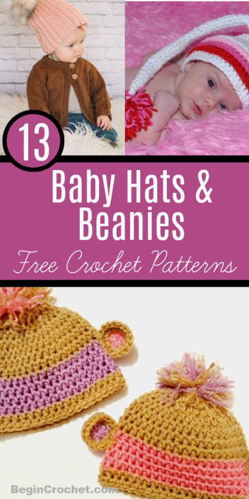 collage of 3 images with babies and crochet hats 