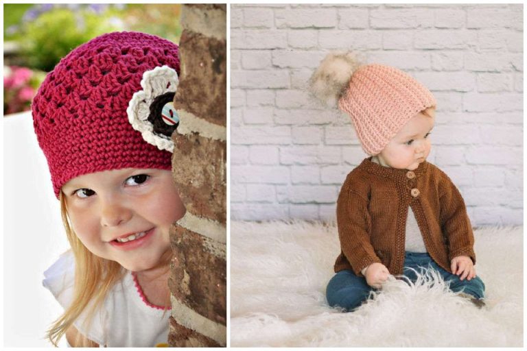 two images of babies with crocheted hats
