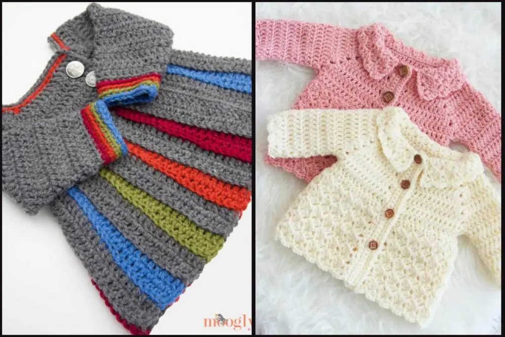 two images of crocheted baby sweaters