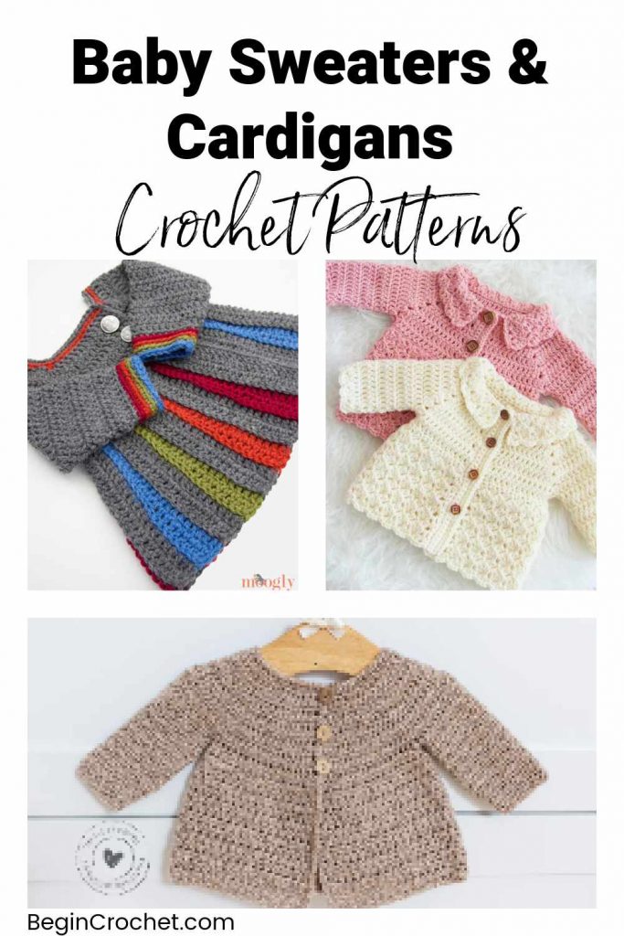 marketing image collage of three baby crochet sweaters